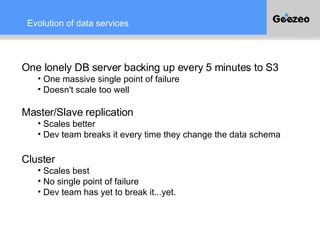 Evolution of data services One lonely DB server backing up every 5 minutes to S3 One massive single point of failure Doesn't scale too well Master/Slave replication Scales better Dev team breaks it every time they change the data schema Cluster Scales best No single point of failure Dev team has yet to break it...yet. 