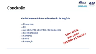 Conclusão
Conhecimentos Básicos sobre Gestão de Negócio
o Financeiro
o RH
o Atendimento a Clientes e Reclamações
o Merchandising
o Compras
o Preço
o Promoção
 