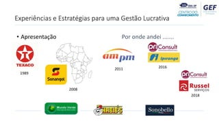 Experiências e Estratégias para uma Gestão Lucrativa
• Apresentação Por onde andei .......
1989
2008
2011 2016
2018
 