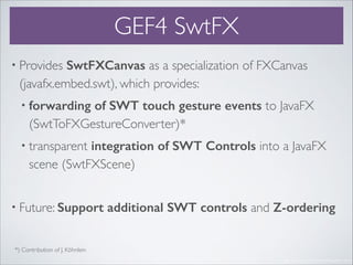 GEF4 SwtFX
• Provides SwtFXCanvas as a specialization of FXCanvas
(javafx.embed.swt), which provides:!
• forwarding of SWT touch gesture events to JavaFX
(SwtToFXGestureConverter)*!
• transparent integration of SWT Controls into a JavaFX
scene (SwtFXScene)!
!
• Future: Support additional SWT controls and Z-ordering
Image courtesy of Ruben Holthuijsen / ﬂickr
*) Contribution of J. Köhnlein
 