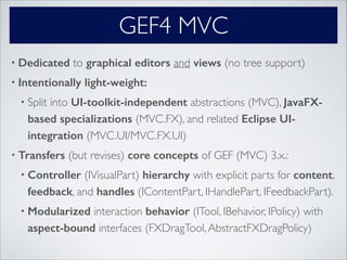 GEF4 MVC
• Dedicated to graphical editors and views (no tree support)!
• Intentionally light-weight:
• Split into UI-toolkit-independent abstractions (MVC), JavaFX-
based specializations (MVC.FX), and related Eclipse UI-
integration (MVC.UI/MVC.FX.UI)!
• Transfers (but revises) core concepts of GEF (MVC) 3.x.:!
• Controller (IVisualPart) hierarchy with explicit parts for content,
feedback, and handles (IContentPart, IHandlePart, IFeedbackPart).!
• Modularized interaction behavior (ITool, IBehavior, IPolicy) with
aspect-bound interfaces (FXDragTool,AbstractFXDragPolicy)
 