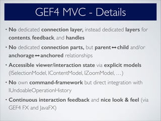 GEF4 MVC - Details
• No dedicated connection layer, instead dedicated layers for
contents, feedback, and handles
• No dedicated connection parts, but parent⬌child and/or
anchorage⬌anchored relationships!
• Accessible viewer/interaction state via explicit models
(ISelectionModel, IContentModel, IZoomModel, …)!
• No own command-framework but direct integration with
IUndoableOperationHistory!
• Continuous interaction feedback and nice look & feel (via
GEF4 FX and JavaFX)
 