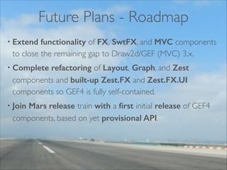 Future Plans - Roadmap
• Extend functionality of FX, SwtFX, and MVC components
to close the remaining gap to Draw2d/GEF (MVC) 3.x.!
• Complete refactoring of Layout, Graph, and Zest
components and built-up Zest.FX and Zest.FX.UI
components so GEF4 is fully self-contained.!
• Join Mars release train with a ﬁrst initial release of GEF4
components, based on yet provisional API.
 
