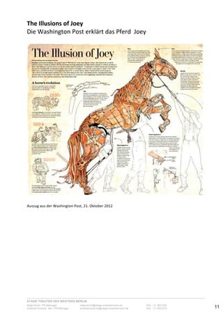 STAGE THEATER DES WESTENS BERLIN
Katja Borch, PR-Manager katja.borch@stage-entertainment.de 030 – 31 903 876
Andreas Kuenne, Sen. PR-Manager andreas.kuenne@stage-entertainment.de 030 – 31 903 873 11
The!Illusions!of!Joey!
Die-Washington-Post-erklärt-das-Pferd--Joey--
!
!
!
Auszug-aus-der-Washington-Post,-21.-Oktober-2012-
-
--
-!
!
!
!
!
!
!
!
!
 