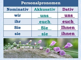 Personalpronomen
Nominativ Akkusativ Dativ
wir ______ ______
ihr ______ ______
Sie ______ _______
sie ______ _______
uns
euch
Sie
sie
uns
euch
Ihnen
ihnen
 