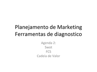 Planejamento de Marketing
Ferramentas de diagnostico
Agenda 2:
Swot
FCS
Cadeia de Valor
 
