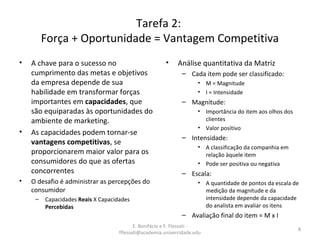 E. Bonifácio e F. Flessati -
fflessati@academia.univercidade.edu
8
Tarefa 2:
Força + Oportunidade = Vantagem Competitiva
• A chave para o sucesso no
cumprimento das metas e objetivos
da empresa depende de sua
habilidade em transformar forças
importantes em capacidades, que
são equiparadas às oportunidades do
ambiente de marketing.
• As capacidades podem tornar-se
vantagens competitivas, se
proporcionarem maior valor para os
consumidores do que as ofertas
concorrentes
• O desafio é administrar as percepções do
consumidor
– Capacidades Reais X Capacidades
Percebidas
• Análise quantitativa da Matriz
– Cada item pode ser classificado:
• M = Magnitude
• I = Intensidade
– Magnitude:
• Importância do item aos olhos dos
clientes
• Valor positivo
– Intensidade:
• A classificação da companhia em
relação àquele item
• Pode ser positiva ou negativa
– Escala:
• A quantidade de pontos da escala de
medição da magnitude e da
intensidade depende da capacidade
do analista em avaliar os itens
– Avaliação final do item = M x I
 