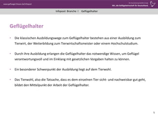 Infopool: Branche l
www.gefluegel-thesen.de/Infopool
Wo Verantwortung Qualität erzeugt.
Wir, die Geflügelwirtschaft für Deutschland.
Geflügelhalter
Geflügelhalter
• Die klassischen Ausbildungswege zum Geflügelhalter bestehen aus einer Ausbildung zum
Tierwirt, der Weiterbildung zum Tierwirtschaftsmeister oder einem Hochschulstudium.
• Durch ihre Ausbildung erlangen die Geflügelhalter das notwendige Wissen, um Geflügel
verantwortungsvoll und im Einklang mit gesetzlichen Vorgaben halten zu können.
• Ein besonderer Schwerpunkt der Ausbildung liegt auf dem Tierwohl.
• Das Tierwohl, also die Tatsache, dass es dem einzelnen Tier sicht- und nachweisbar gut geht,
bildet den Mittelpunkt der Arbeit der Geflügelhalter.
5
 