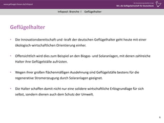Infopool: Branche l
www.gefluegel-thesen.de/Infopool
Wo Verantwortung Qualität erzeugt.
Wir, die Geflügelwirtschaft für Deutschland.
Geflügelhalter
Geflügelhalter
• Die Innovationsbereitschaft und -kraft der deutschen Geflügelhalter geht heute mit einer
ökologisch-wirtschaftlichen Orientierung einher.
• Offensichtlich wird dies zum Beispiel an den Biogas- und Solaranlagen, mit denen zahlreiche
Halter ihre Geflügelställe aufrüsten.
• Wegen ihrer großen flächenmäßigen Ausdehnung sind Geflügelställe bestens für die
regenerative Stromerzeugung durch Solaranlagen geeignet.
• Die Halter schaffen damit nicht nur eine solidere wirtschaftliche Erlösgrundlage für sich
selbst, sondern dienen auch dem Schutz der Umwelt.
6
 