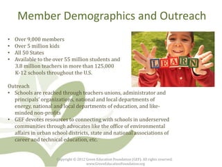 Member Demographics and Outreach
•   Over 9,000 members
•   Over 5 million kids
•   All 50 States
•   Available to the ove...