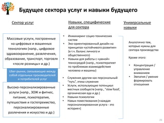 21
Будущее сектора услуг и навыки будущего
Массовые услуги, построенные
на цифровых и машинных
технологиях (напр., цифровое
здравоохранение, развлечения,
образование, транспорт, торговля
«после розницы» и др.)
Высоко-персонализированные
услуги (напр., ЗОЖ и фитнес,
питание, психотерапия,
путешествия и гостепреимство,
персонализированные
разлечения и искусство и др.)
• Служение другим как персональный
“путь”, этика служения
• Услуги, использующие потенциал
местных сообществ (напр., "slow food’,
органическая еда и др.)
• Навыки психологии
• Навык повествования («каждая
персонализированная услуга - это
история»)
• Инжиниринг социо-технических
систем
• Эко-ориентированный дизайн на
принципах «устойчивого развития»
(в т.ч. баланс личного и
общественного)
• Навыки для работы с «умной»
техносредой (напр., психотерапевт
по проблемам взаимодействия
человека и машины)
Аналогично тем,
которые нужны для
сектора производства
Кроме этого:
• Концентрация /
управление
вниманием
• Эмпатия / умение
формировать
отношения
Универсальные
навыки
Сектор услуг Навыки, специфические
для сектора
Uber-рынки, связывающие между
собой отдельных производителей
и потребителей услуг
 