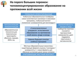 «Самоуправляемые
учащиеся»: естественное
образование на протяжении
всей жизни, везде и всегда
Глобальные образовательные платформы:
самые качественные знаниевые и навыковые
программы, глобальный контент
(появление «университетов для миллиарда»)
Местные образовательные экосистемы:
существующие форматы (школы / колледжи /
университеты ) + новые форматы для
обучения на полном цикле жизни человека
Образовательные
технологии для
персональных
траекторий в
обучении, карьере,
ЗОЖ и пр.
Сообщества практики
становятся
пространством
саморазвития, дают
поддержку
соратников и
наставничество
Навыки будущего внутри
учебных программ
31
ГЛОБАЛЬНО ОРИЕНТИРОВАННЫЕ
ПЕРСОНАЛИЗАЦИЯ
ТЕХНОЛОГИЗАЦИЯ
КООПЕРАТИВНОСТЬ
ЛИЦОМ К ЛИЦУ
УЧИТЫВАЮЩИЕ МЕСТНЫЙ КОНТЕКСТ
На пороге больших перемен:
человекоцентрированное образование на
протяжении всей жизни
 