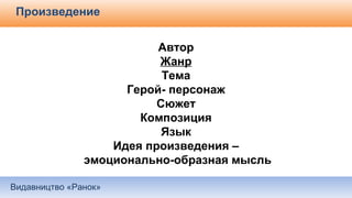 Видавництво «Ранок»
Произведение
Автор
Жанр
Тема
Герой- персонаж
Сюжет
Композиция
Язык
Идея произведения –
эмоционально-образная мысль
 