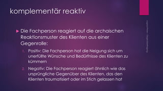 komplementär reaktiv
 Die Fachperson reagiert auf die archaischen
Reaktionsmuster des Klienten aus einer
Gegenrolle:
1. Positiv: Die Fachperson hat die Neigung sich um
unerfüllte Wünsche und Bedürfnisse des Klienten zu
kümmern
2. Negativ: Die Fachperson reagiert ähnlich wie das
ursprüngliche Gegenüber des Klienten, das den
Klienten traumatisiert oder im Stich gelassen hat
 