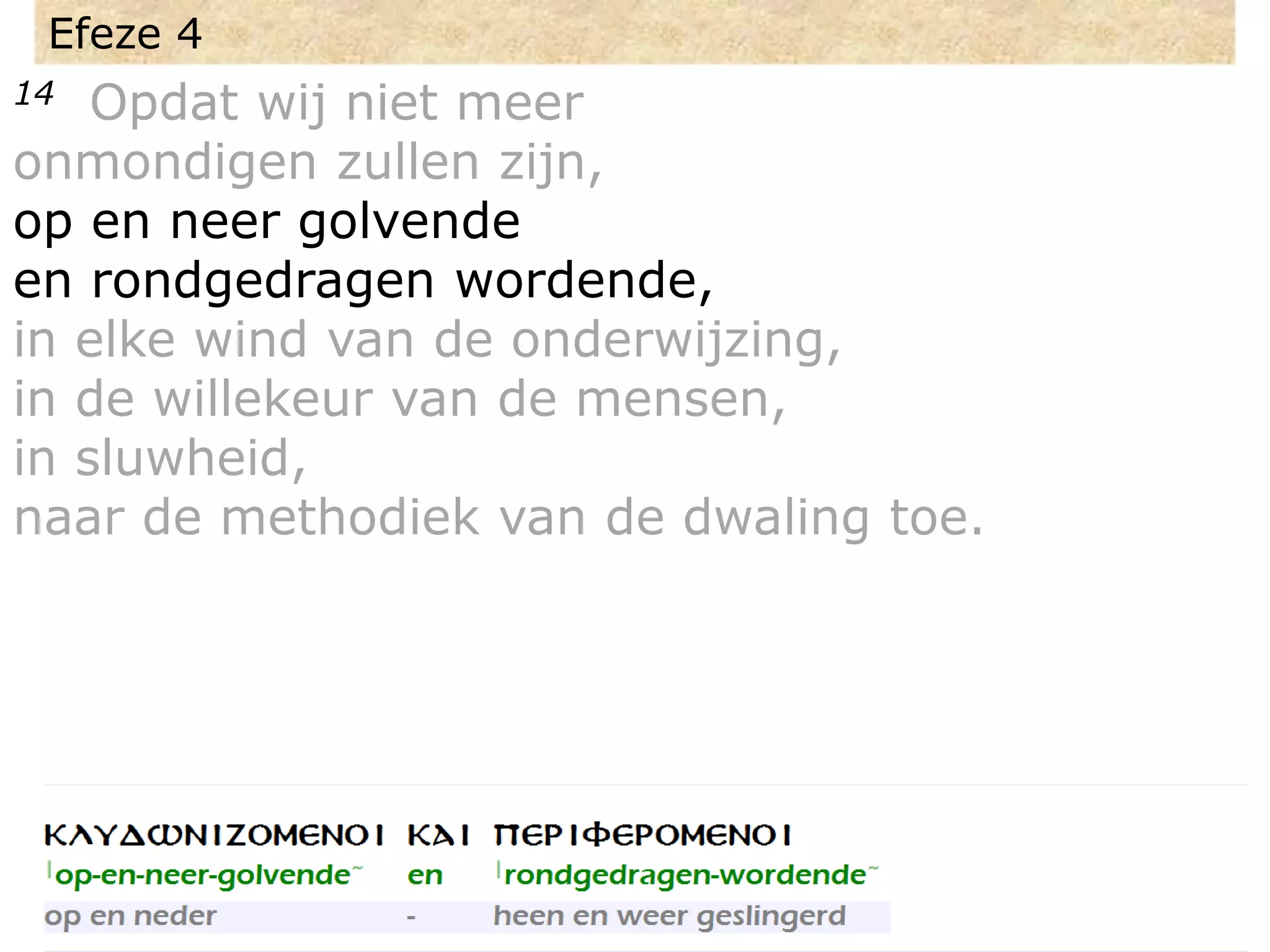 Efeze 4
14 Opdat wij niet meer
onmondigen zullen zijn,
op en neer golvende
en rondgedragen wordende,
in elke wind van de onderwijzing,
in de willekeur van de mensen,
in sluwheid,
naar de methodiek van de dwaling toe.
 