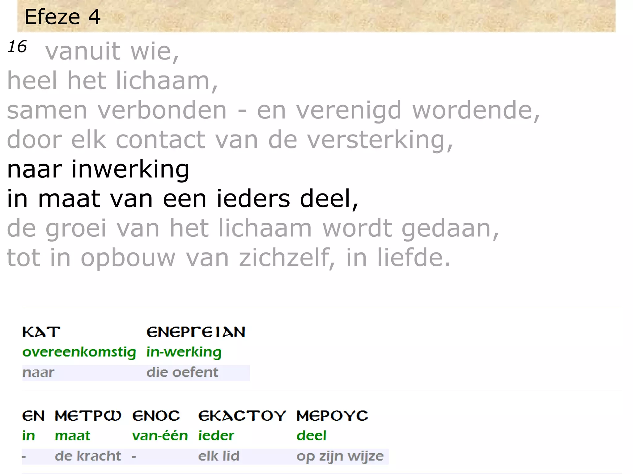 Efeze 4
16 vanuit wie,
heel het lichaam,
samen verbonden - en verenigd wordende,
door elk contact van de versterking,
naar inwerking
in maat van een ieders deel,
de groei van het lichaam wordt gedaan,
tot in opbouw van zichzelf, in liefde.
 
