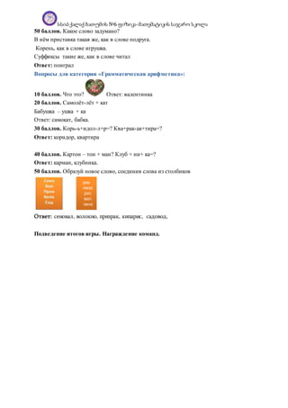 სსიპ ქალაქ ბათუმის №6 ფიზიკა-მათემატიკის საჯარო სკოლა
50 баллов. Какое слово задумано?
В нём приставка такая же, как в слове подруга.
Корень, как в слове игрушка.
Суффиксы такие же, как в слове читал
Ответ: поиграл
Вопросы для категории «Грамматическая арифметика»:
10 баллов. Что это? Ответ: валентинка
20 баллов. Самолёт-лёт + кат
Бабушка – ушка + ка
Ответ: самокат, бабка.
30 баллов. Корь-ь+идол-л+р=? Ква+рак-ак+тира=?
Ответ: коридор, квартира
40 баллов. Картон – тон + ман? Клуб + ни+ ка=?
Ответ: карман, клубника.
50 баллов. Образуй новое слово, соединив слова из столбиков
Ответ: сеновал, волокно, призрак, кипарис, садовод.
Подведение итогов игры. Награждение команд.
 