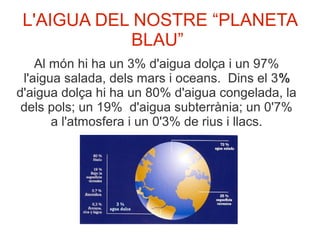 L'AIGUA DEL NOSTRE “PLANETA
BLAU”
Al món hi ha un 3% d'aigua dolça i un 97%
l'aigua salada, dels mars i oceans. Dins el 3%
d'aigua dolça hi ha un 80% d'aigua congelada, la
dels pols; un 19% d'aigua subterrània; un 0'7%
a l'atmosfera i un 0'3% de rius i llacs.
 