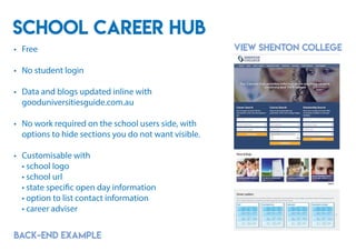 school career hub
View shenton college
back-end example
Free
No student login
Data and blogs updated inline with
gooduniversitiesguide.com.au
No work required on the school users side, with
options to hide sections you do not want visible.
Customisable with
• school logo
• school url
• state specific open day information
• option to list contact information
• career adviser
•
•
•
•
•