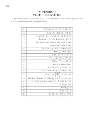 362
APPENDIX C
VECTOR IDENTITIES
The following identities assume that A, B, C, D are diﬀerentiable vector functions of position while
f, f1, f2 are diﬀerentiable scalar functions of position.
1. A · (B × C) = B · (C × A) = C · (A × B)
2. A × (B × C) = B(A · C) − C(A · B)
3. (A × B) · (C × D) = (A · C)(B · D) − (A · D)(B · C)
4. A × (B × C) + B × (C × A) + C × (A × B) = 0
5. (A × B) × (C × D) = B(A · C × D) − A(B · C × D)
= C(A · B × C) − D(A · B × C)
6. (A × B) · (B × C) × (C × A) = (A · B × C)2
7. (f1 + f2) = f1 + f2
8. · (A + B) = · A + · B
9. × (A + B) = × A + × B
10. (fA) = ( f) · A + f · A
11. (f1f2) = f1 f2 + f2 f1
12. × (fA) =) f) × A + f( × A)
13. · (A × B) = B · ( × A) − A · ( × B)
14. (A · )A =
|A|2
2
− A × ( × A)
15. (A · B) = (B · )A + (A · )B + B × ( × A) + A × ( × B)
16. × (A × B) = (B · )A − B( · A) − (A · )B + A( · B)
17. · ( f) = 2
f
18. × ( f) = 0
19. · ( × A) = 0
20. × ( × A) = ( · A) − 2
A
 