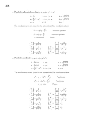 356
3. Parabolic cylindrical coordinates (ξ, η, z) = (x1
, x2
, x3
)
x = ξη
y =
1
2
(ξ2
− η2
)
z = z
− ∞ < ξ < ∞
− ∞ < z < ∞
η ≥ 0
h1 = ξ2 + η2
h2 = ξ2 + η2
h3 = 1
The coordinate curves are formed by the intersection of the coordinate surfaces
x2
= −2ξ2
(y −
ξ2
2
) Parabolic cylinders
x2
= 2η2
(y +
η2
2
) Parabolic cylinders
z = Constant Planes.
1
1 1
=
ξ
ξ2 + η2
2
2 2
=
η
ξ2 + η2
2
1 1
=
−η
ξ2 + η2
1
2 2
=
−ξ
ξ2 + η2
1
1 2
=
1
2 1
=
η
ξ2 + η2
2
2 1
=
2
1 2
=
ξ
ξ2 + η2
4. Parabolic coordinates (ξ, η, φ) = (x1
, x2
, x3
)
x = ξη cos φ
y = ξη sin φ
z =
1
2
(ξ2
− η2
)
ξ ≥ 0
η ≥ 0
0 < φ < 2π
h1 = ξ2 + η2
h2 = ξ2 + η2
h3 = ξη
The coordinate curves are formed by the intersection of the coordinate surfaces
x2
+ y2
= −2ξ2
(z −
ξ2
2
) Paraboloids
x2
+ y2
= 2η2
(z +
η2
2
) Paraboloids
y = x tan φ Planes.
1
1 1
=
ξ
ξ2 + η2
2
2 2
=
η
ξ2 + η2
1
2 2
=
−ξ
ξ2 + η2
2
1 1
=
−η
ξ2 + η2
2
3 3
=
−ηξ2
ξ2 + η2
1
3 3
=
−ξη2
ξ2 + η2
1
2 1
=
1
2 1
=
η
ξ2 + η2
2
2 1
=
2
1 2
=
ξ
ξ2 + η2
3
3 2
=
3
2 3
=
1
η
3
1 3
=
3
3 1
=
1
ξ
 