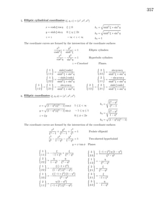 357
5. Elliptic cylindrical coordinates (ξ, η, z) = (x1
, x2
, x3
)
x = cosh ξ cos η
y = sinh ξ sin η
z = z
ξ ≥ 0
0 ≤ η ≤ 2π
− ∞ < z < ∞
h1 = sinh2
ξ + sin2
η
h2 = sinh2
ξ + sin2
η
h3 = 1
The coordinate curves are formed by the intersection of the coordinate surfaces
x2
cosh2
ξ
+
y2
sinh2
ξ
= 1 Elliptic cylinders
x2
cos2 η
−
y2
sin2
η
= 1 Hyperbolic cylinders
z = Constant Planes.
1
1 1
=
sinh ξ cosh ξ
sinh2
ξ + sin2
η
1
2 2
=
− sinh ξ cosh ξ
sinh2
ξ + sin2
η
1
1 2
=
1
2 1
=
sin η cos η
sinh2
ξ + sin2
η
2
2 2
=
sin η cos η
sinh2
ξ + sin2
η
2
1 1
=
− sin η cos η
sinh2
ξ + sin2
η
2
1 2
=
2
2 1
=
sinh ξ cosh ξ
sinh2
ξ + sin2
η
6. Elliptic coordinates (ξ, η, φ) = (x1
, x2
, x3
)
x = (1 − η2)(ξ2 − 1) cos φ
y = (1 − η2)(ξ2 − 1) sin φ
z = ξη
1 ≤ ξ < ∞
− 1 ≤ η ≤ 1
0 ≤ φ < 2π
h1 =
ξ2 − η2
ξ2 − 1
h2 =
ξ2 − η2
1 − η2
h3 = (1 − η2)(ξ2 − 1)
The coordinate curves are formed by the intersection of the coordinate surfaces
x2
ξ2 − 1
+
y2
ξ2 − 1
+
z2
ξ2
= 1 Prolate ellipsoid
z2
η2
−
x2
1 − η2
−
y2
1 − η2
= 1 Two-sheeted hyperboloid
y = x tan φ Planes
1
1 1
= −
ξ
−1 + ξ2
+
ξ
ξ2 − η2
2
2 2
=
η
1 − η2
−
η
ξ2 − η2
1
2 2
= −
ξ −1 + ξ2
(1 − η2) (ξ2 − η2)
1
3 3
= −
ξ −1 + ξ2
1 − η2
ξ2 − η2
2
1 1
=
η 1 − η2
(−1 + ξ2) (ξ2 − η2)
2
3 3
=
−1 + ξ2
η 1 − η2
ξ2 − η2
1
1 2
= −
η
ξ2 − η2
2
2 1
=
ξ
ξ2 − η2
3
3 1
=
ξ
−1 + ξ2
3
3 2
= −
η
1 − η2
 