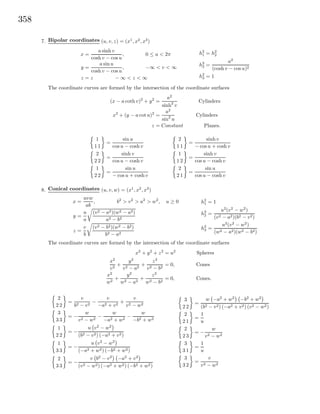 358
7. Bipolar coordinates (u, v, z) = (x1
, x2
, x3
)
x =
a sinh v
cosh v − cos u
, 0 ≤ u < 2π
y =
a sin u
cosh v − cos u
, −∞ < v < ∞
z = z − ∞ < z < ∞
h2
1 = h2
2
h2
2 =
a2
(cosh v − cos u)2
h2
3 = 1
The coordinate curves are formed by the intersection of the coordinate surfaces
(x − a coth v)2
+ y2
=
a2
sinh2
v
Cylinders
x2
+ (y − a cot u)2
=
a2
sin2
u
Cylinders
z = Constant Planes.
1
1 1
=
sin u
cos u − cosh v
2
2 2
=
sinh v
cos u − cosh v
1
2 2
=
sin u
− cos u + cosh v
2
1 1
=
sinh v
− cosu + cosh v
1
1 2
=
sinh v
cos u − cosh v
2
2 1
=
sin u
cos u − cosh v
8. Conical coordinates (u, v, w) = (x1
, x2
, x3
)
x =
uvw
ab
, b2
> v2
> a2
> w2
, u ≥ 0
y =
u
a
(v2 − a2)(w2 − a2)
a2 − b2
z =
v
b
(v2 − b2)(w2 − b2)
b2 − a2
h2
1 = 1
h2
2 =
u2
(v2
− w2
)
(v2 − a2)(b2 − v2)
h2
3 =
u2
(v2
− w2
)
(w2 − a2)(w2 − b2)
The coordinate curves are formed by the intersection of the coordinate surfaces
x2
+ y2
+ z2
= u2
Spheres
x2
v2
+
y2
v2 − a2
+
z2
v2 − b2
= 0, Cones
x2
w2
+
y2
w2 − a2
+
z2
w2 − b2
= 0, Cones.
2
2 2
=
v
b2 − v2
−
v
−a2 + v2
+
v
v2 − w2
3
3 3
= −
w
v2 − w2
−
w
−a2 + w2
−
w
−b2 + w2
1
2 2
= −
u v2
− w2
(b2 − v2) (−a2 + v2)
1
3 3
= −
u v2
− w2
(−a2 + w2) (−b2 + w2)
2
3 3
= −
v b2
− v2
−a2
+ v2
(v2 − w2) (−a2 + w2) (−b2 + w2)
3
2 2
=
w −a2
+ w2
−b2
+ w2
(b2 − v2) (−a2 + v2) (v2 − w2)
2
2 1
=
1
u
2
2 3
= −
w
v2 − w2
3
3 1
=
1
u
3
3 2
=
v
v2 − w2
 