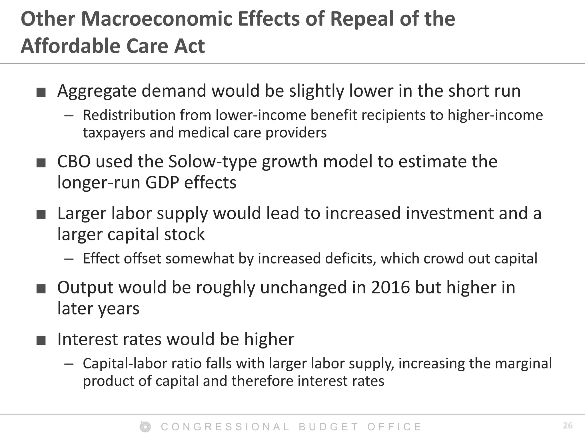 26C O N G R E S S I O N A L B U D G E T O F F I C E
Other Macroeconomic Effects of Repeal of the
Affordable Care Act
■ Aggregate demand would be slightly lower in the short run
– Redistribution from lower-income benefit recipients to higher-income
taxpayers and medical care providers
■ CBO used the Solow-type growth model to estimate the
longer-run GDP effects
■ Larger labor supply would lead to increased investment and a
larger capital stock
– Effect offset somewhat by increased deficits, which crowd out capital
■ Output would be roughly unchanged in 2016 but higher in
later years
■ Interest rates would be higher
– Capital-labor ratio falls with larger labor supply, increasing the marginal
product of capital and therefore interest rates
 