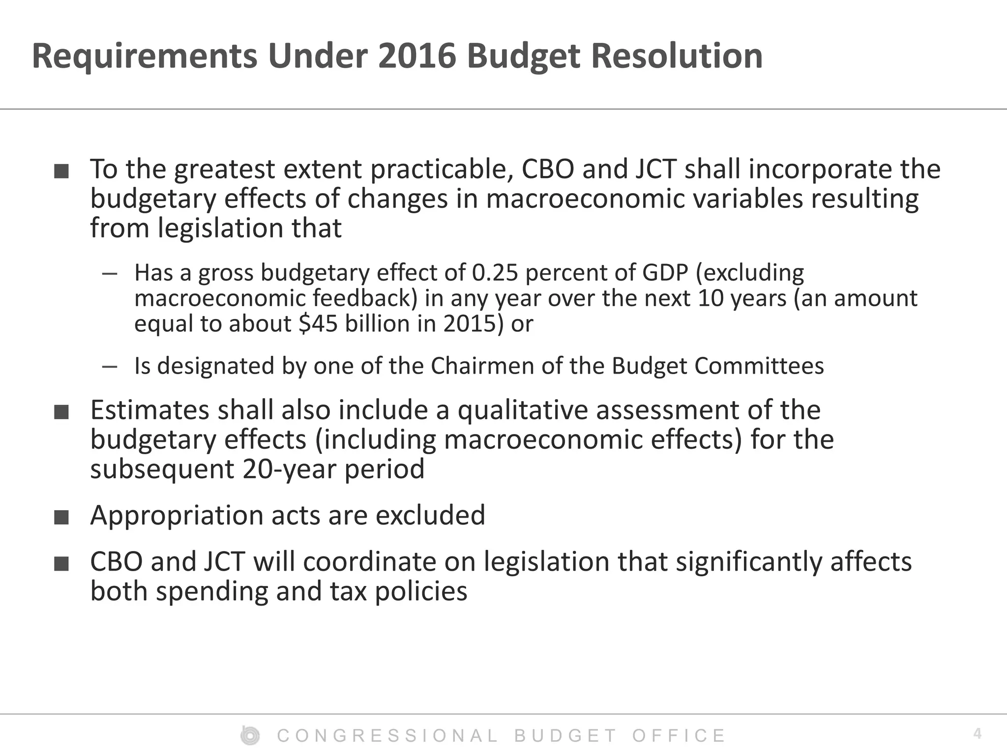 4C O N G R E S S I O N A L B U D G E T O F F I C E
Requirements Under 2016 Budget Resolution
■ To the greatest extent practicable, CBO and JCT shall incorporate the
budgetary effects of changes in macroeconomic variables resulting
from legislation that
– Has a gross budgetary effect of 0.25 percent of GDP (excluding
macroeconomic feedback) in any year over the next 10 years (an amount
equal to about $45 billion in 2015) or
– Is designated by one of the Chairmen of the Budget Committees
■ Estimates shall also include a qualitative assessment of the
budgetary effects (including macroeconomic effects) for the
subsequent 20-year period
■ Appropriation acts are excluded
■ CBO and JCT will coordinate on legislation that significantly affects
both spending and tax policies
 