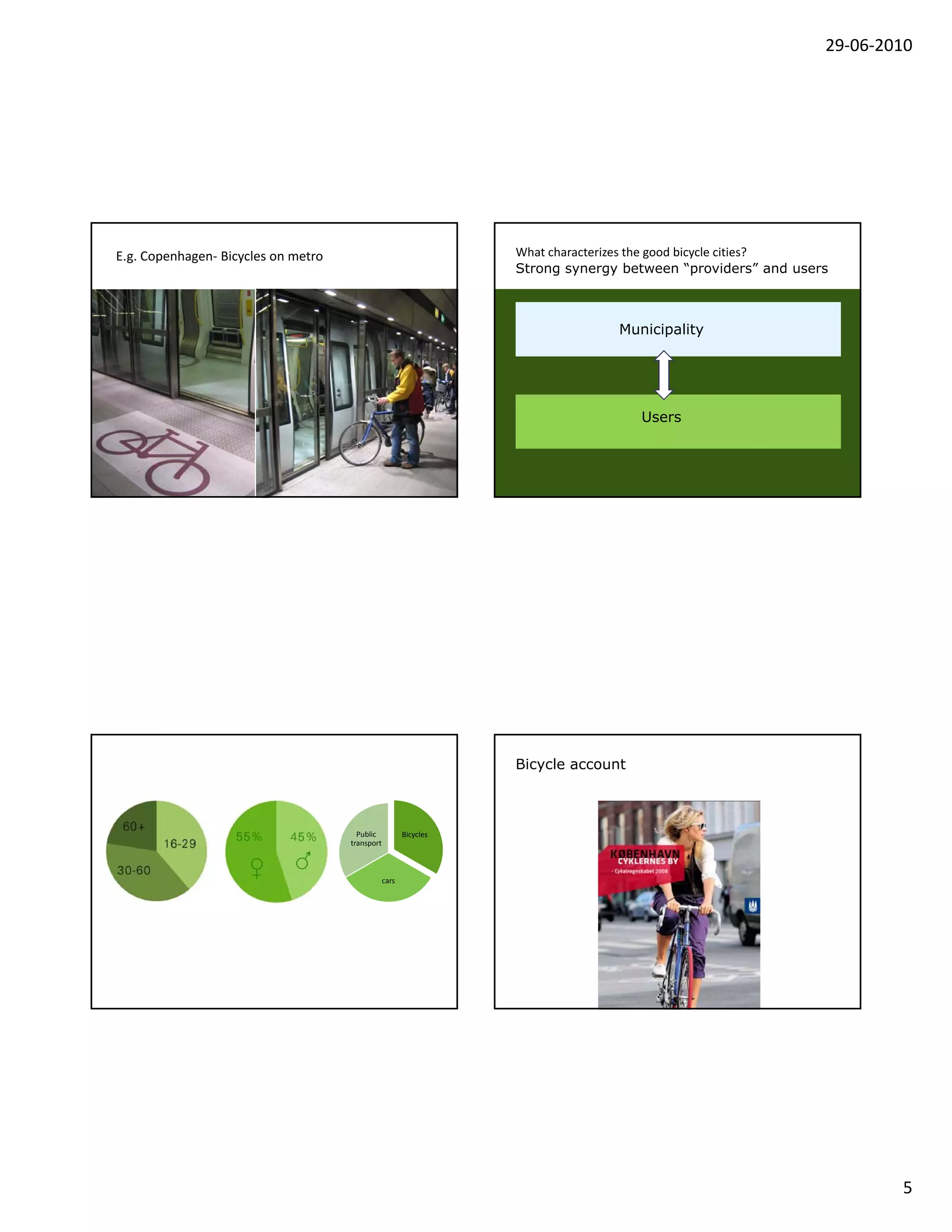 29‐06‐2010




E.g. Copenhagen‐ Bicycles on metro                                 What characterizes the good bicycle cities?
                                                                   Strong synergy between “providers” and users



                                                                                     •   Municipality
                                                                                 Municipality




                                                                                         Users




                                                                   Bicycle account



                                       Public           Bicycles
                                     transport



                                                 cars




                                                                                                                      5
 