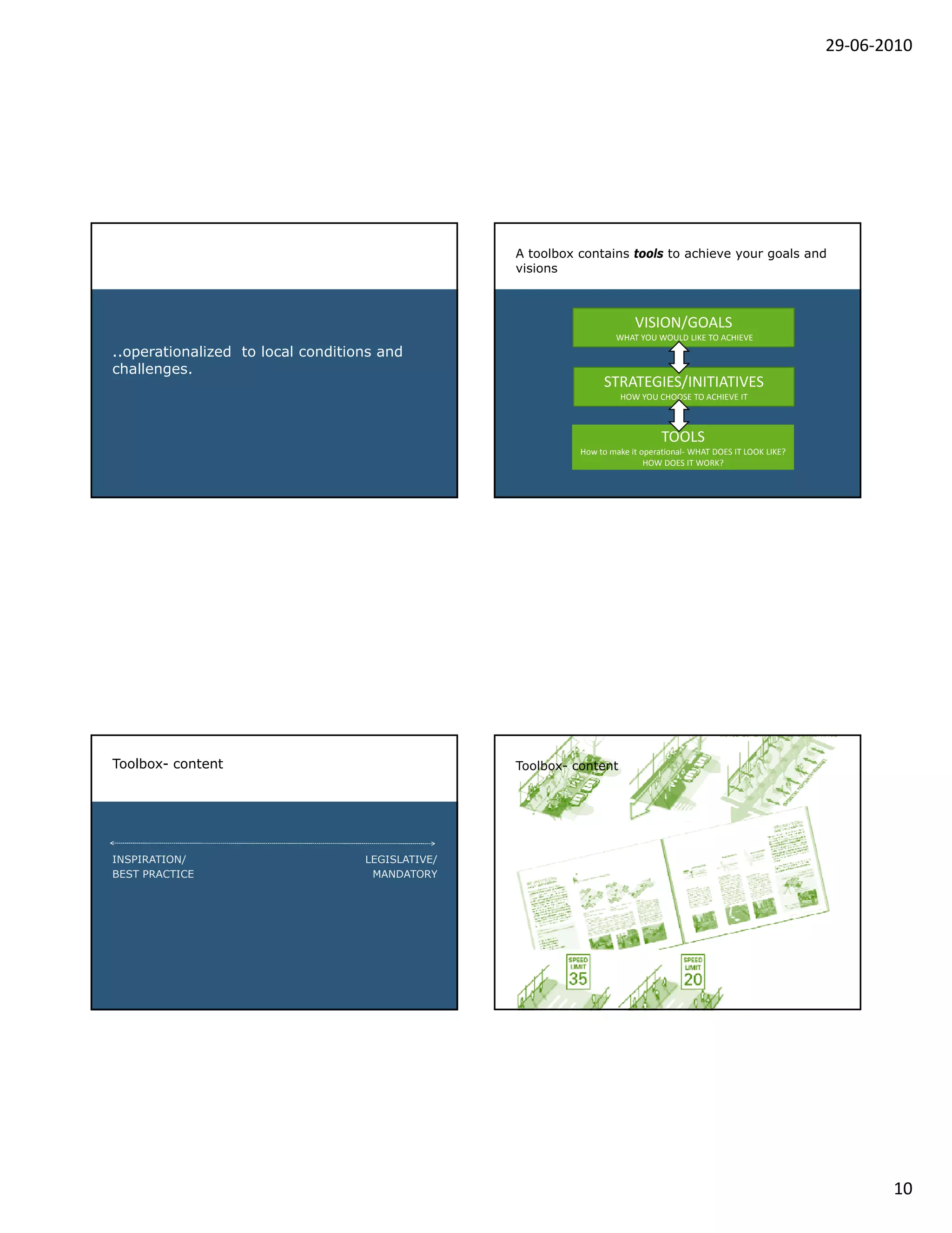 29‐06‐2010




                                                  A toolbox contains tools to achieve your goals and
                                                  visions



                                                                         VISION/GOALS
                                                                    WHAT YOU WOULD LIKE TO ACHIEVE
..operationalized to local conditions and
challenges.
                                                                 STRATEGIES/INITIATIVES
                                                                     HOW YOU CHOOSE TO ACHIEVE IT



                                                                                TOOLS
                                                            How to make it operational‐ WHAT DOES IT LOOK LIKE? 
                                                                            HOW DOES IT WORK?




Toolbox- content                                  Toolbox- content




INSPIRATION/                       LEGISLATIVE/
BEST PRACTICE                       MANDATORY




                                                                                                                          10
 