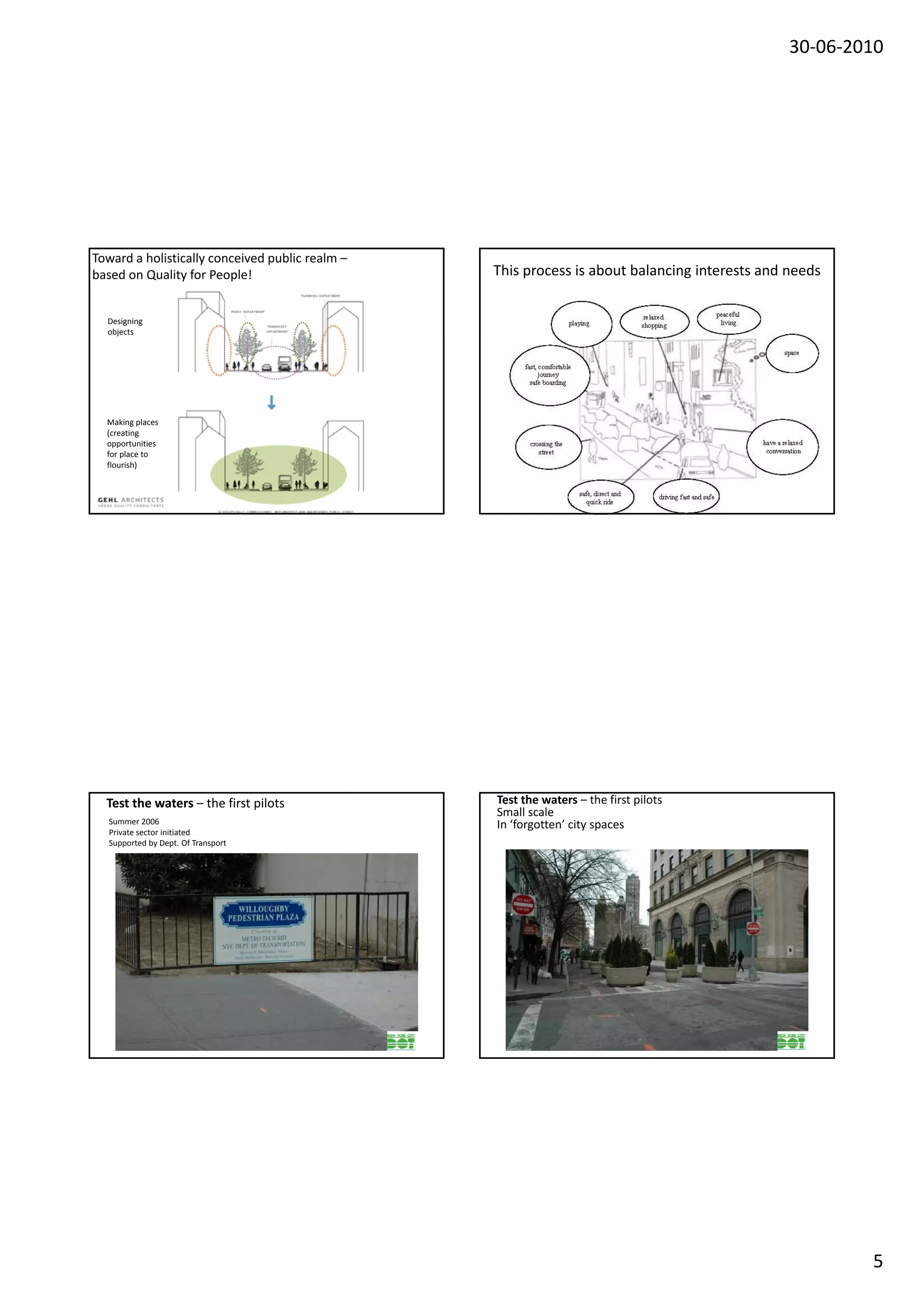30‐06‐2010




Toward a holistically conceived public realm –
based on Quality for People!                     This process is about balancing interests and needs


  Designing 
  objects




  Making places
  (creating 
  opportunities 
  for place to 
  flourish)




  Test the waters – the first pilots             Test the waters – the first pilots
                                                 Small scale
   Summer 2006                                   In ‘forgotten’ city spaces
   Private sector initiated
   Supported by Dept. Of Transport




                                                                                                       5
 