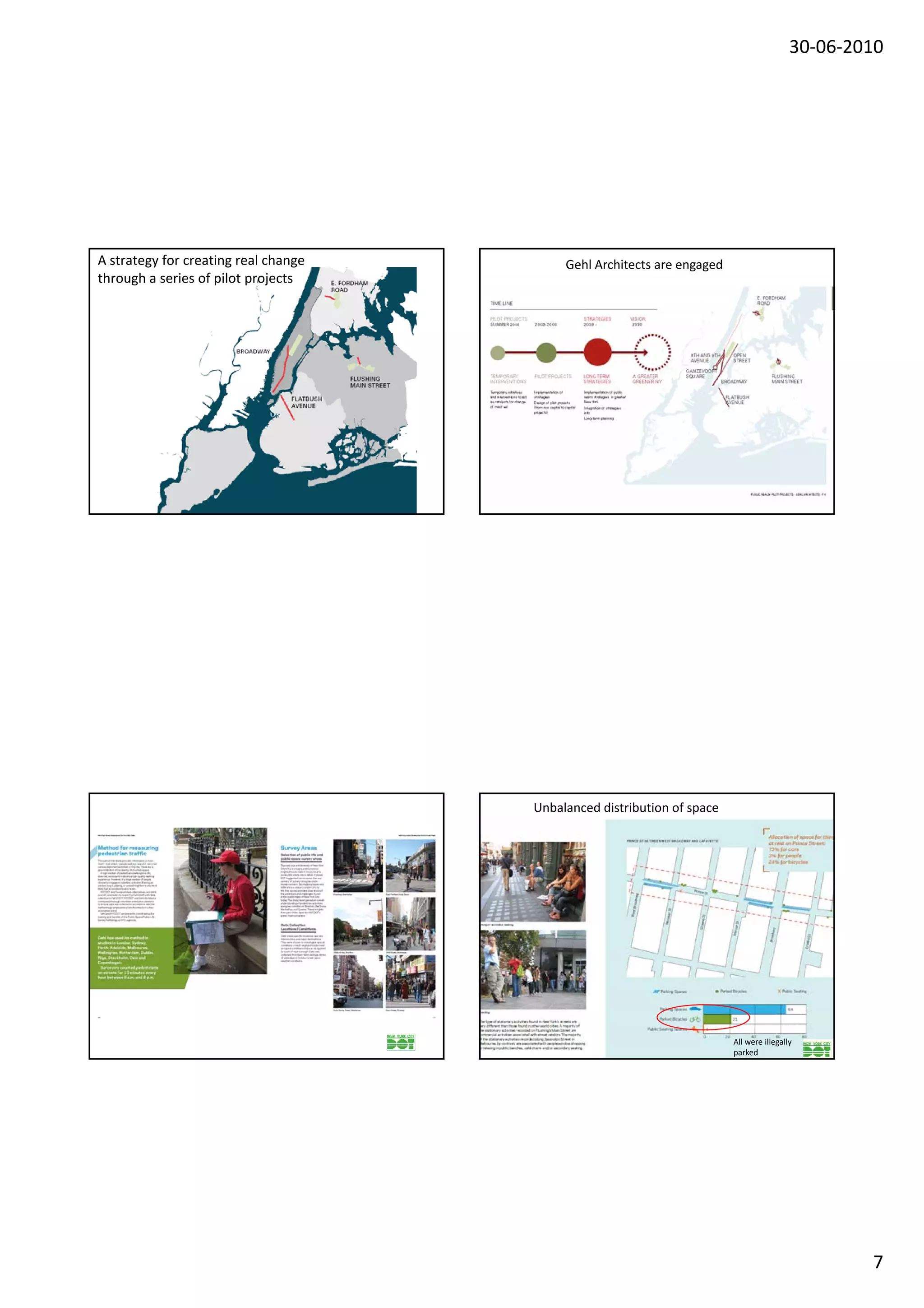 30‐06‐2010




A strategy for creating real change        Gehl Architects are engaged
through a series of pilot projects




                                      Unbalanced distribution of space




                                                                         All were illegally
                                                                         parked




                                                                                                  7
 