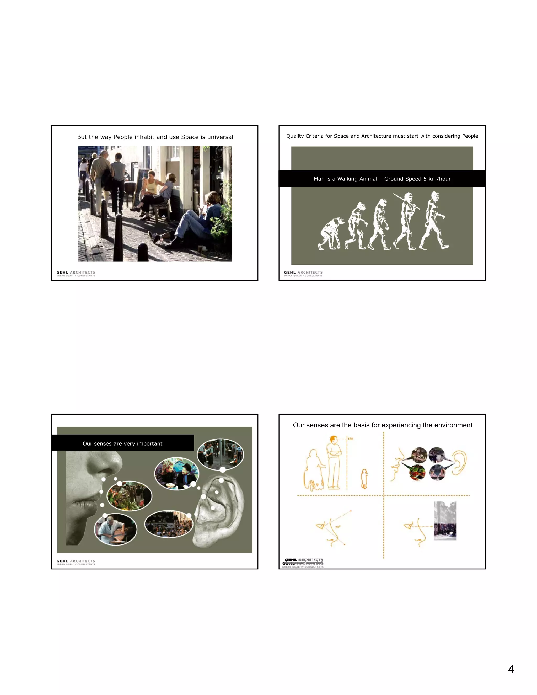 But the way People inhabit and use Space is universal   Quality Criteria for Space and Architecture must start with considering People




                                                                   Man is a Walking Animal – Ground Speed 5 km/hour




                                                          Our senses are the basis for experiencing the environment

 Our senses are very important




                                                                                                                                         4
 