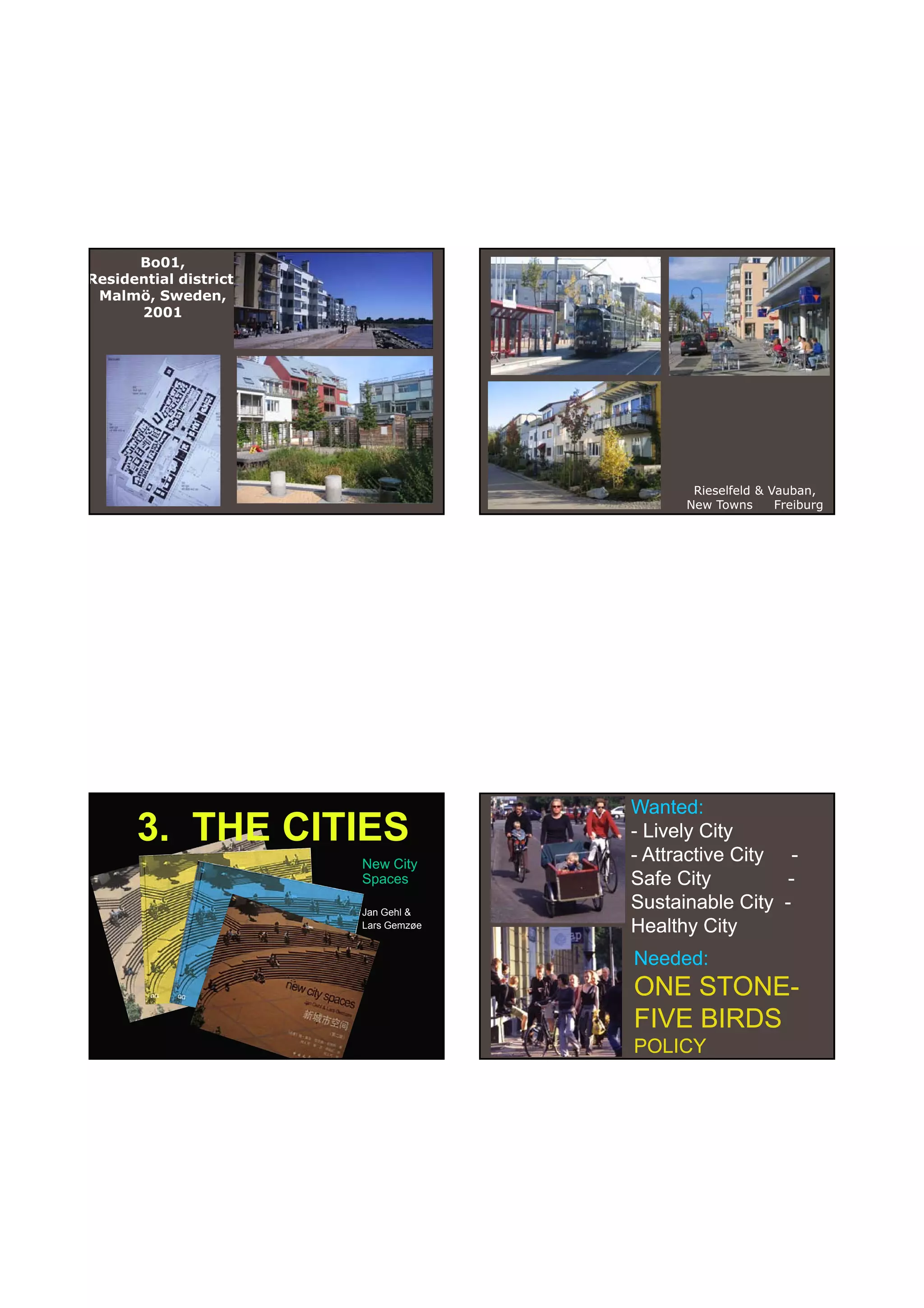 30-06-
                                                             30-06-2010




      Bo01,
Residential district,
 Malmö, Sweden,
      2001




                                             Rieselfeld & Vauban,
                                            New Towns      Freiburg




                                      Wanted:
      3. THE CITIES                   - Lively City
                        New City
                                      - Attractive City -
                        Spaces        Safe City         -
                        Jan Gehl &
                                      Sustainable City -
                        Lars Gemzøe   Healthy City
                                      Needed:
                                      ONE STONE-
                                           STONE-
                                      FIVE BIRDS
                                      POLICY




                                                                      15
 