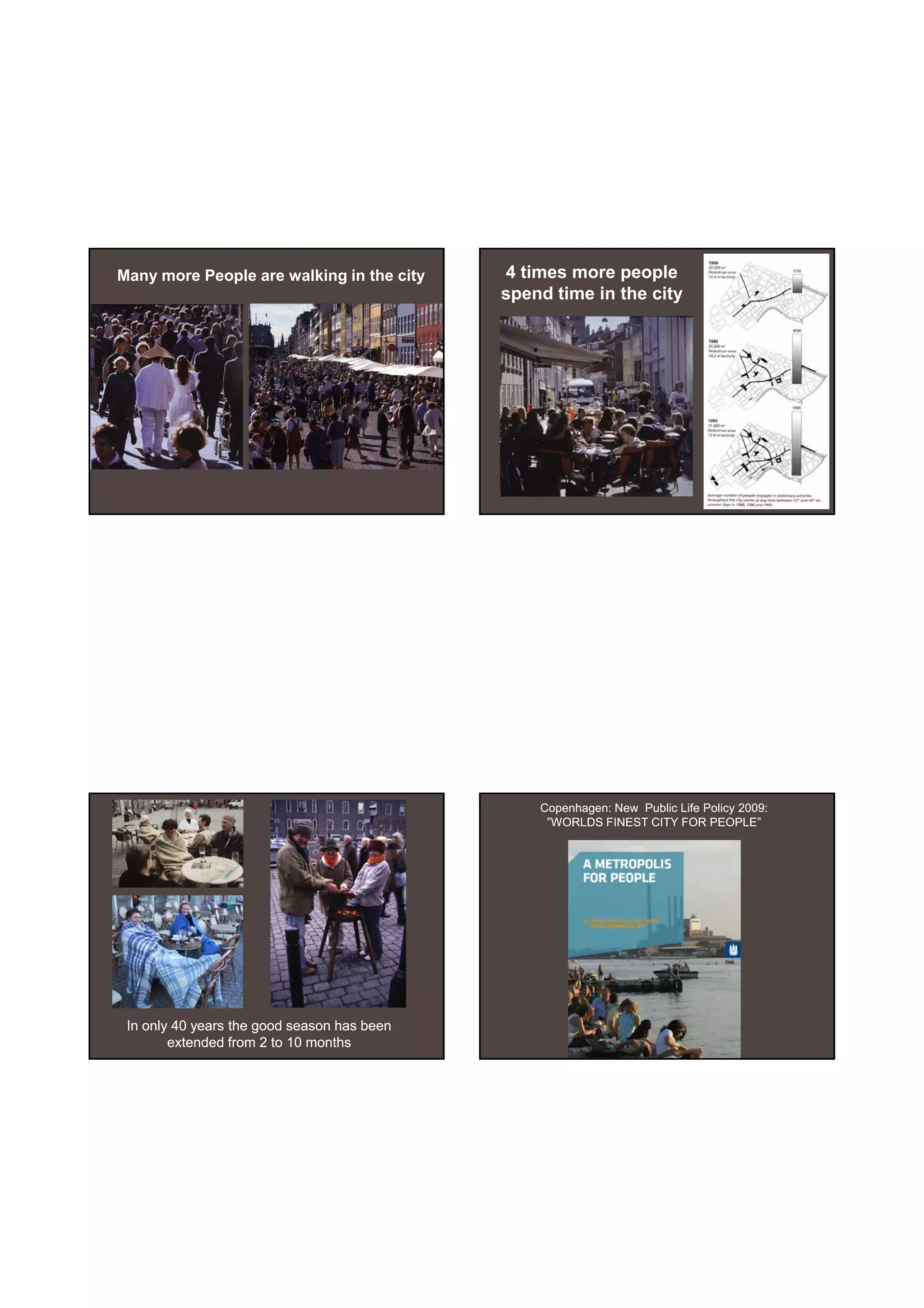 30-06-
                                                                                            30-06-2010




Many more People are walking in the city     4 times more people
                                             spend time in the city




                                                 Copenhagen: New Public Life Policy 2009:
                                                  ”WORLDS FINEST CITY FOR PEOPLE”




 In only 40 years the good season has been
        extended from 2 to 10 months




                                                                                                   18
 