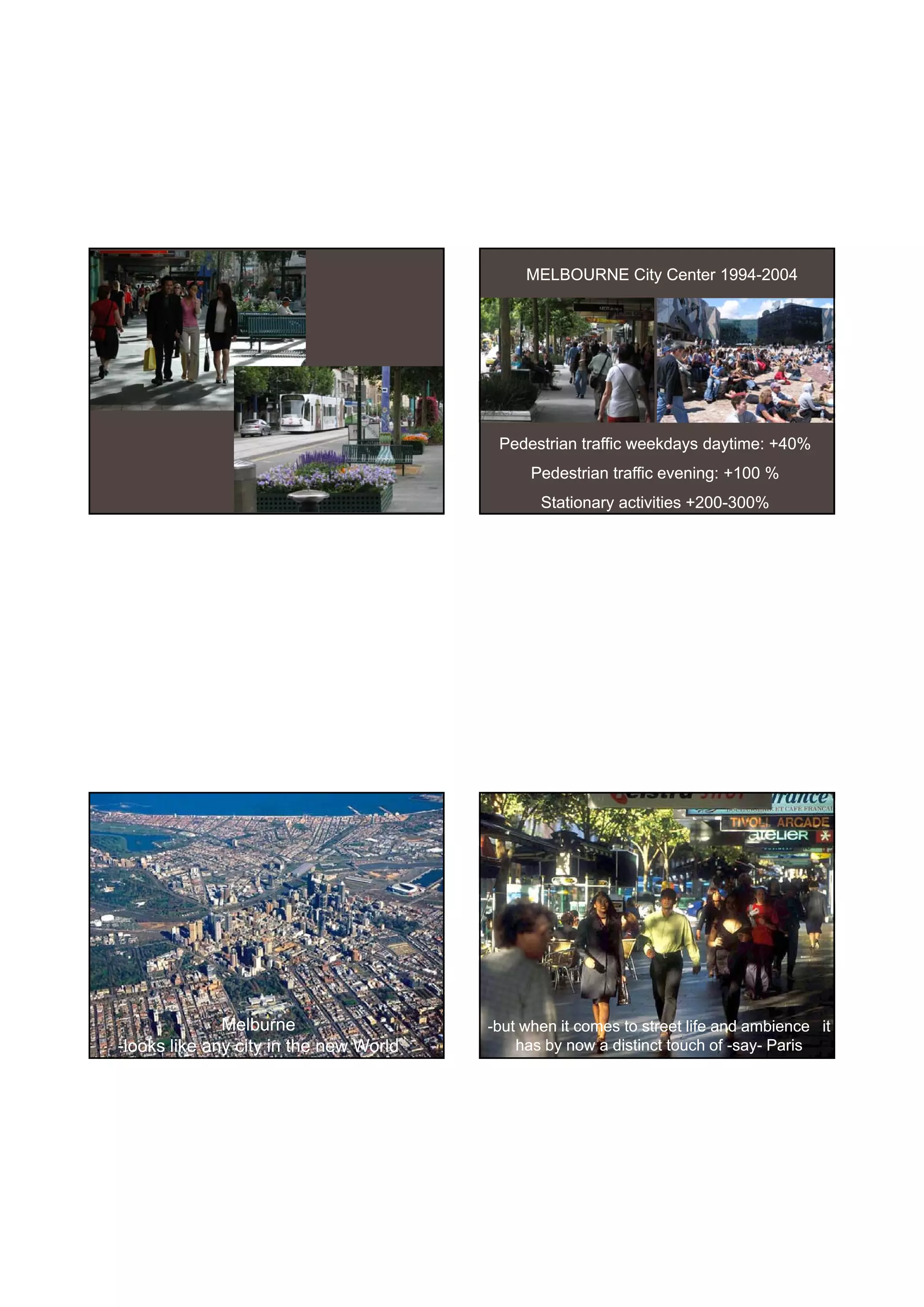 30-06-
                                                                                   30-06-2010




                                             MELBOURNE City Center 1994-2004
                                                                   1994-




                                         Pedestrian traffic weekdays daytime: +40%
                                              Pedestrian traffic evening: +100 %
                                               Stationary activities +200-300%
                                                                     +200-




              Melburne                  -but when it comes to street life and ambience it
-looks like any city in the new World       has by now a distinct touch of -say- Paris
                                                                            say-




                                                                                            20
 