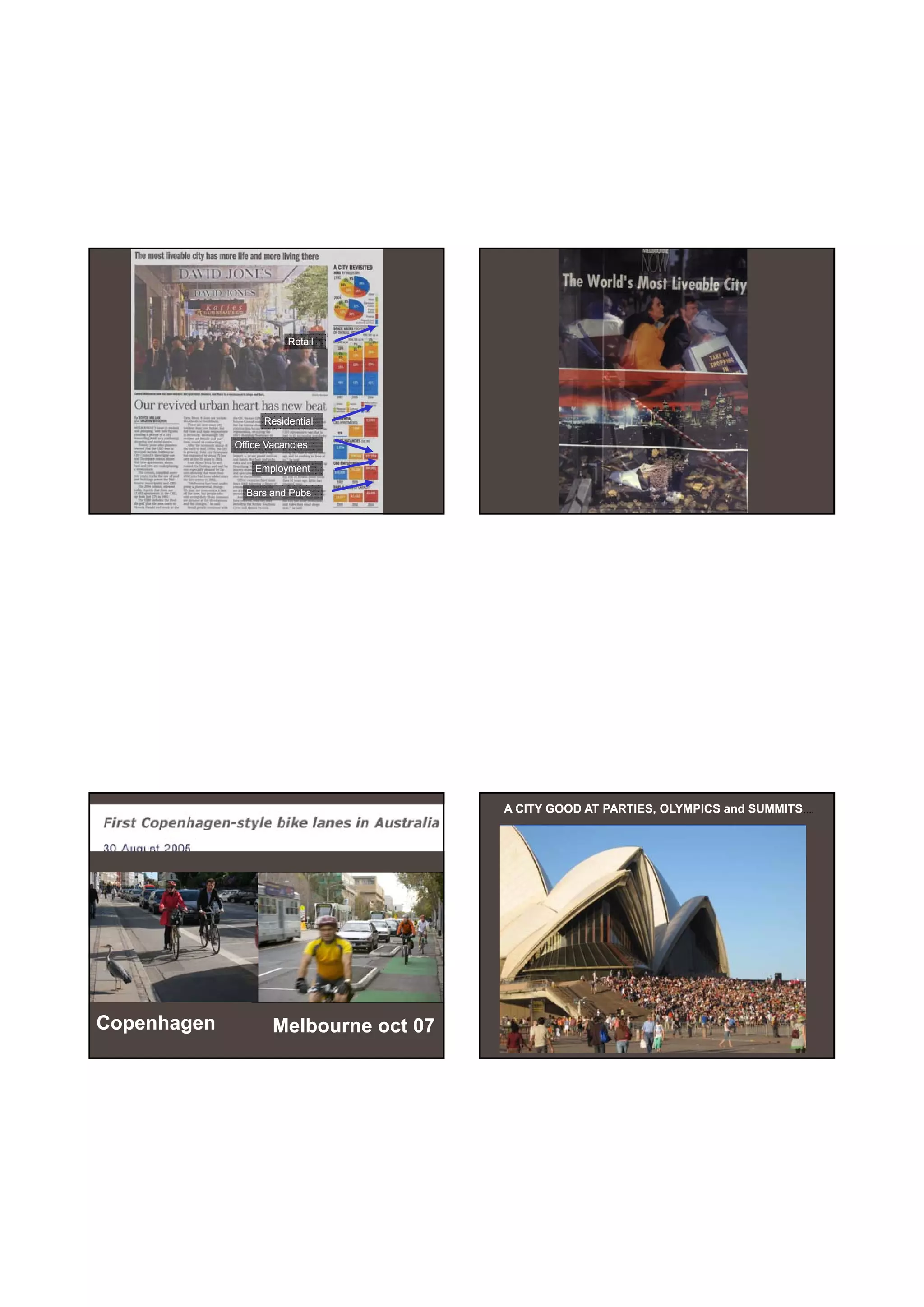 30-06-
                                                                                  30-06-2010




                        Retail




                   Residential

             Office Vacancies

                 Employment

               Bars and Pubs




                                        A CITY GOOD AT PARTIES, OLYMPICS and SUMMITS….




Copenhagen           Melbourne oct 07




                                                                                         21
 