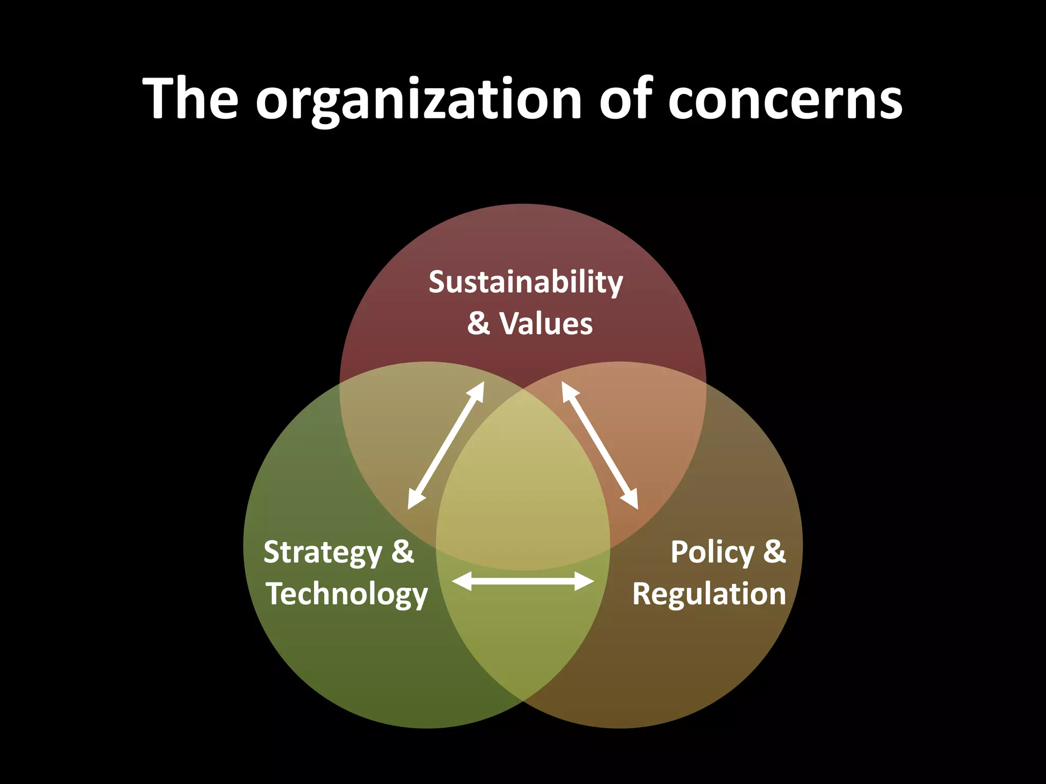 Policy &
Regulation
Strategy &
Technology
Sustainability
& Values
The organization of concerns