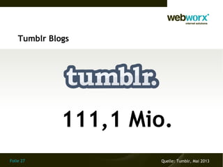 Folie 27
Tumblr Blogs
Quelle: Tumblr, Mai 2013
111,1 Mio.
 