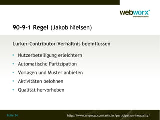 Folie 34
90-9-1 Regel (Jakob Nielsen)
http://www.nngroup.com/articles/participation-inequality/
Lurker-Contributor-Verhältnis beeinflussen

Nutzerbeteiligung erleichtern

Automatische Partizipation

Vorlagen und Muster anbieten

Aktivitäten belohnen

Qualität hervorheben
 