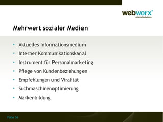 Folie 36
Mehrwert sozialer Medien

Aktuelles Informationsmedium

Interner Kommunikationskanal

Instrument für Personalmarketing

Pflege von Kundenbeziehungen

Empfehlungen und Viralität

Suchmaschinenoptimierung

Markenbildung
 
