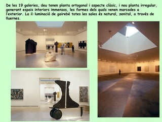 De les 19 galeries, deu tenen planta ortogonal i aspecte clàsic, i nou planta irregular,
generant espais interiors immensos, les formes dels quals venen marcades a
l’exterior. La il·luminació de gairebé totes les sales és natural, zenital, a través de
lluernes.
 