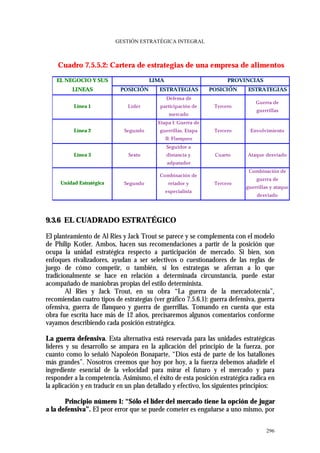 GESTIÓN ESTRATÉGICA INTEGRAL



    Cuadro 7.5.5.2: Cartera de estrategias de una empresa de alimentos
    EL NEGOCIO Y SUS                   LIMA                          PROVINCIAS
          LINEAS            POSICIÓN       ESTRATEGIAS         POSICIÓN      ESTRATEGIAS
                                              Defensa de
                                                                                Guerra de
          Línea 1              Líder       participación de     Tercero
                                                                                guerrillas
                                               mercado
                                          Etapa I: Guerra de
          Línea 2            Segundo       guerrillas. Etapa    Tercero       Envolvimiento
                                              II: Flanqueo
                                              Seguidor a
          Línea 3              Sexto          distancia y       Cuarto      Ataque desviado
                                              adpatador
                                                                             Combinación de
                                           Combinación de
                                                                                guerra de
     Unidad Estratégica      Segundo           retador y        Tercero
                                                                            guerrillas y ataque
                                              especialista
                                                                                desviado




9.3.6 EL CUADRADO ESTRATÉGICO

El planteamiento de Al Ries y Jack Trout se parece y se complementa con el modelo
de Philip Kotler. Ambos, hacen sus recomendaciones a partir de la posición que
ocupa la unidad estratégica respecto a participación de mercado. Si bien, son
enfoques rivalizadores, ayudan a ser selectivos o cuestionadores de las reglas de
juego de cómo competir, o también, si los estrategas se aferran a lo que
tradicionalmente se hace en relación a determinada circunstancia, puede estar
acompañado de maniobras propias del estilo determinista.
        Al Ries y Jack Trout, en su obra “La guerra de la mercadotecnia”,
recomiendan cuatro tipos de estrategias (ver gráfico 7.5.6.1): guerra defensiva, guerra
ofensiva, guerra de flanqueo y guerra de guerrillas. Tomando en cuenta que esta
obra fue escrita hace más de 12 años, precisaremos algunos comentarios conforme
vayamos describiendo cada posición estratégica.

La guerra defensiva. Esta alternativa está reservada para las unidades estratégicas
líderes y su desarrollo se ampara en la aplicación del principio de la fuerza, por
cuanto como lo señaló Napoleón Bonaparte, “Dios está de parte de los batallones
más grandes”. Nosotros creemos que hoy por hoy, a la fuerza debemos añadirle el
ingrediente esencial de la velocidad para mirar el futuro y el mercado y para
responder a la competencia. Asimismo, el éxito de esta posición estratégica radica en
la aplicación y en traducir en un plan detallado y efectivo, los siguientes principios:

       Principio número 1: “Sólo el líder del mercado tiene la opción de jugar
a la defensiva”. El peor error que se puede cometer es engañarse a uno mismo, por


                                                                                     296
 