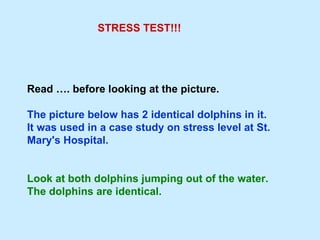 Read  ….  before looking at the picture.  The picture below has 2 identical dolphins in it. It was used in a case study on stress level at St. Mary's Hospital.  Look at both dolphins jumping out of the water. The dolphins are identical.  STRESS TEST!!! 
