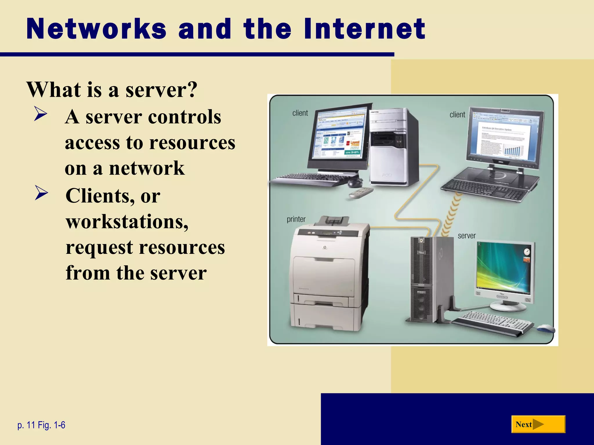 Networks and the Internet
  What is a server?
     A server controls
      access to resources
      on a network
     Clients, or
      workstations,
      request resources
      from the server




p. 11 Fig. 1-6                Next
 