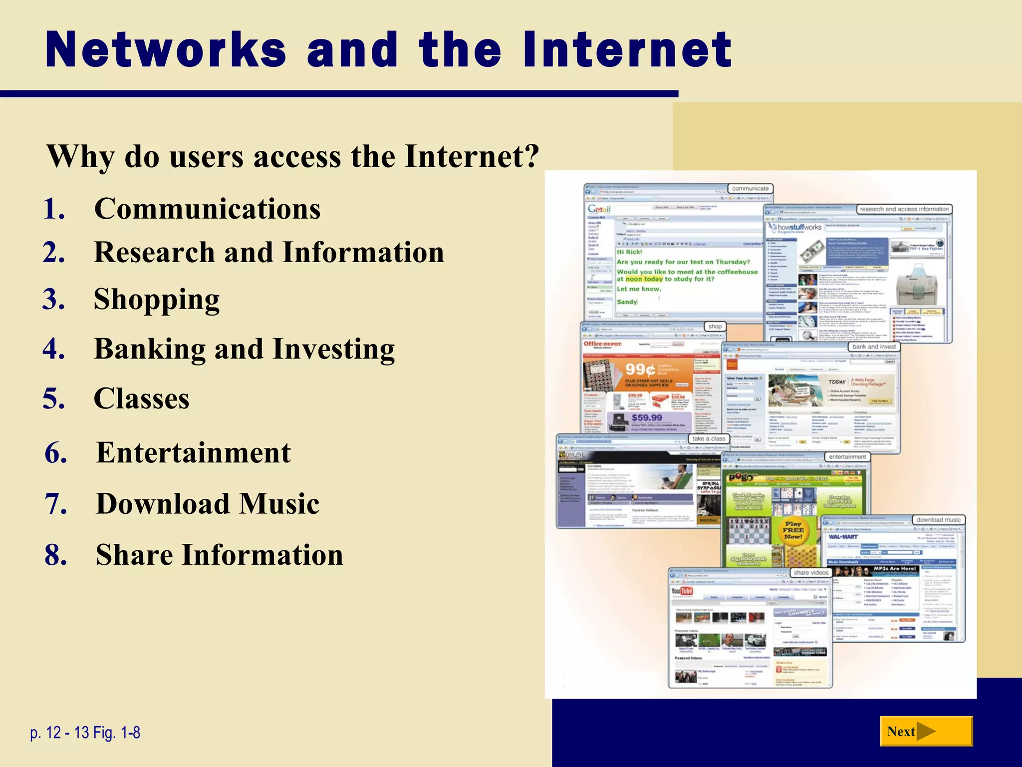 Networks and the Internet
  Why do users access the Internet?
  1. Communications
  2. Research and Information
  3. Shopping
  4. Banking and Investing
  5. Classes
  6. Entertainment
  7. Download Music
  8. Share Information




p. 12 - 13 Fig. 1-8                   Next
 