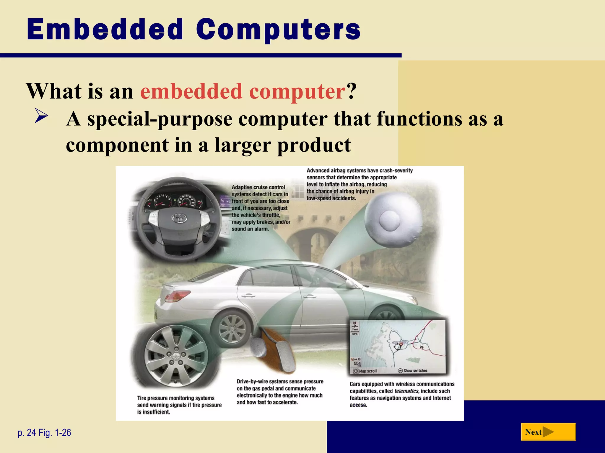 Embedded Computers
  What is an embedded computer?
     A special-purpose computer that functions as a
      component in a larger product




p. 24 Fig. 1-26                                        Next
 