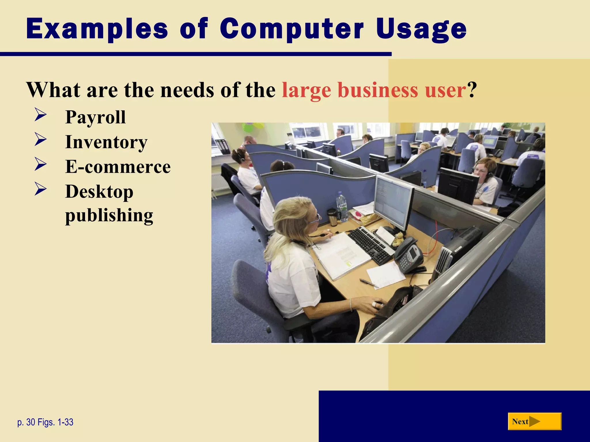 Examples of Computer Usage

  What are the needs of the large business user?
            Payroll
            Inventory
            E-commerce
            Desktop
             publishing




p. 30 Figs. 1-33                                   Next
 