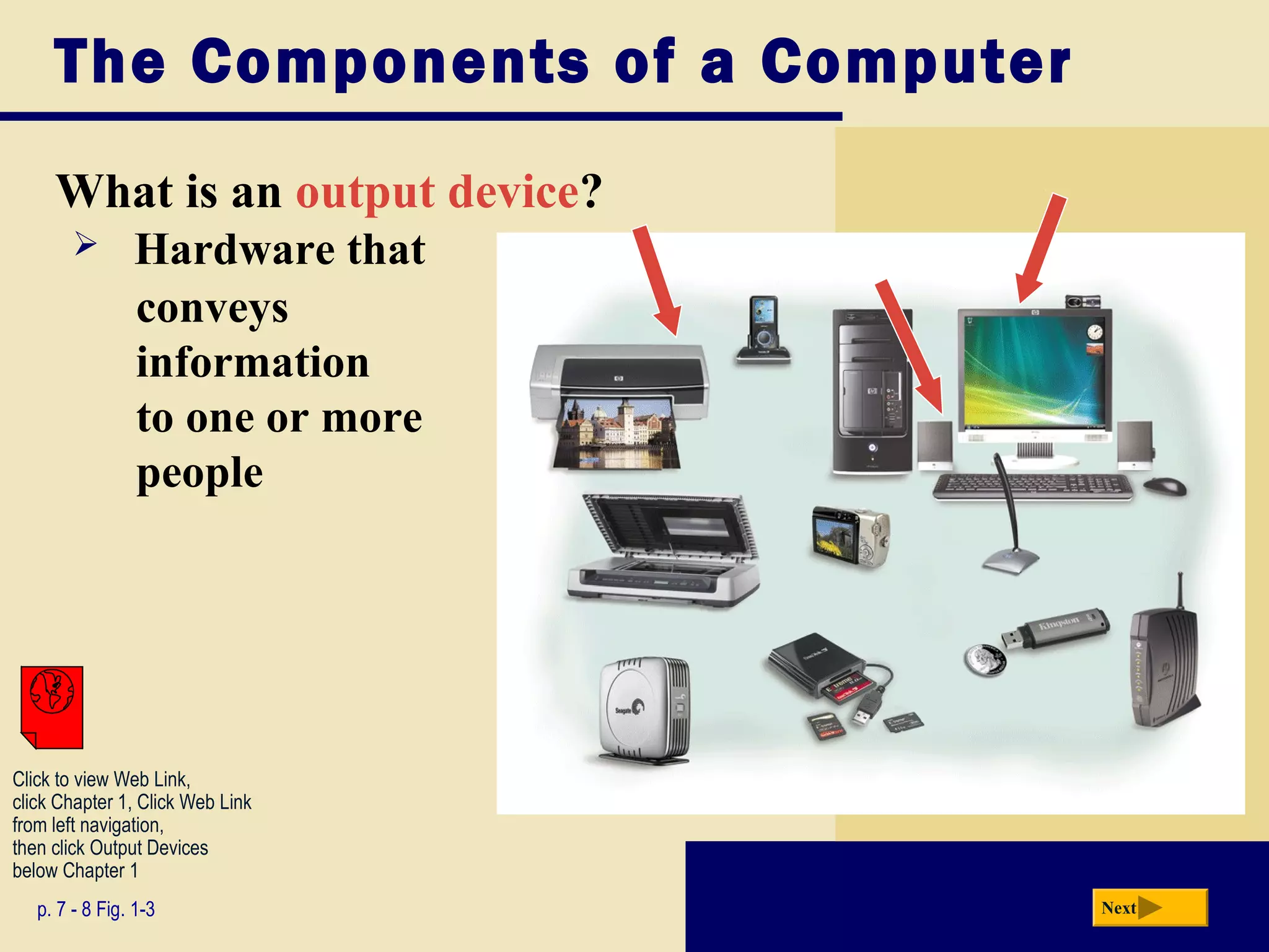 The Components of a Computer
     What is an output device?
               Hardware that
                conveys
                information
                to one or more
                people




Click to view Web Link,
click Chapter 1, Click Web Link
from left navigation,
then click Output Devices
below Chapter 1
   p. 7 - 8 Fig. 1-3                Next
 
